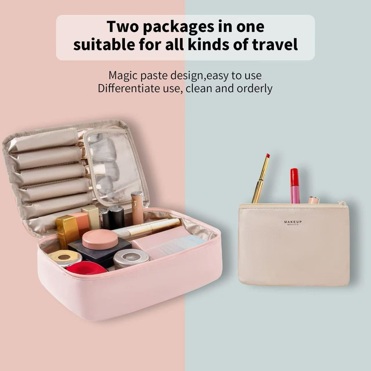 Queboom Travel Makeup Bag lying flat with cosmetic items