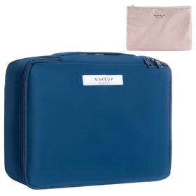 Queboom Travel Makeup Bag navy front view with compartments