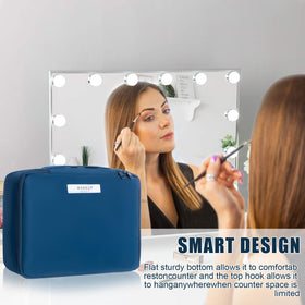 Queboom Travel Makeup Bag navy in a lifestyle setting