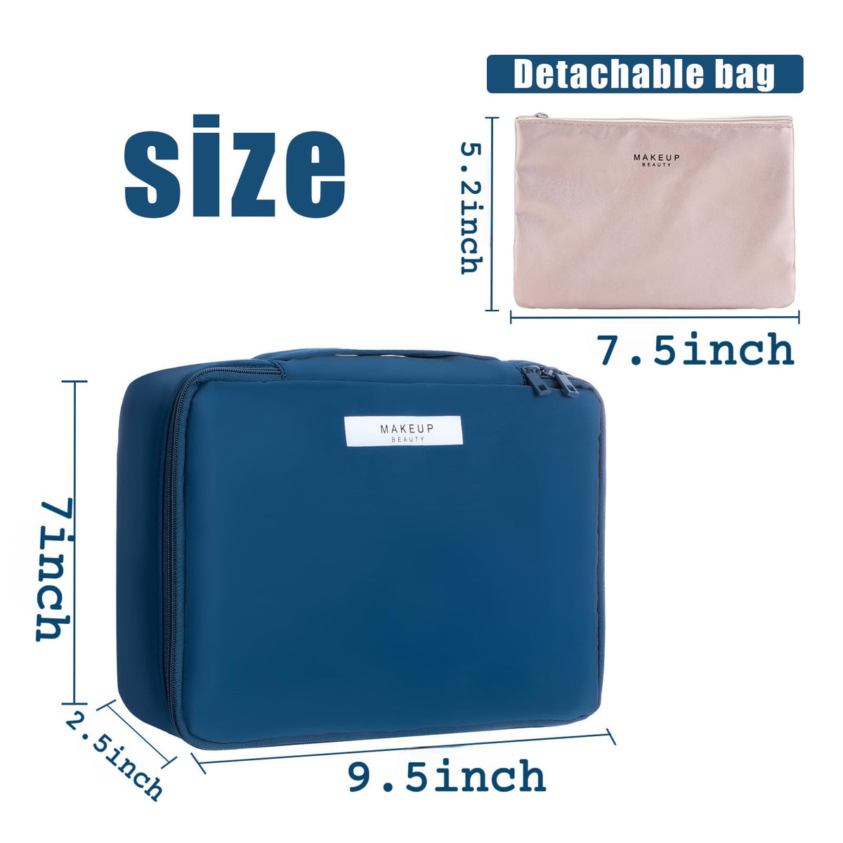 Queboom Travel Makeup Bag navy interior showing waterproof lining