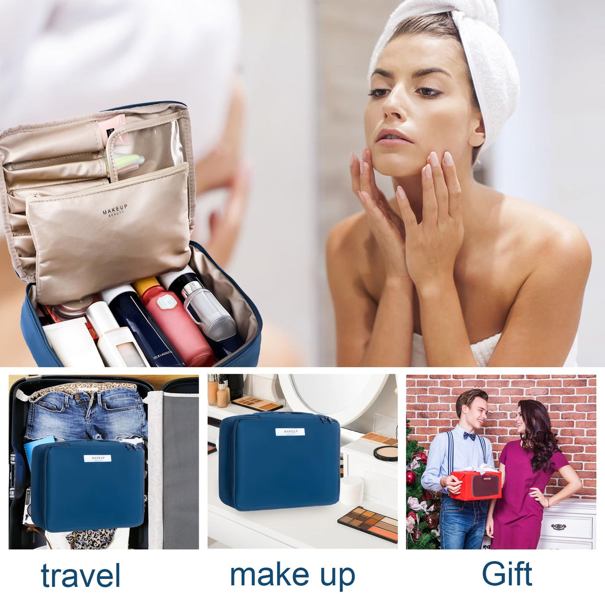 Queboom Travel Makeup Bag navy on a travel suitcase