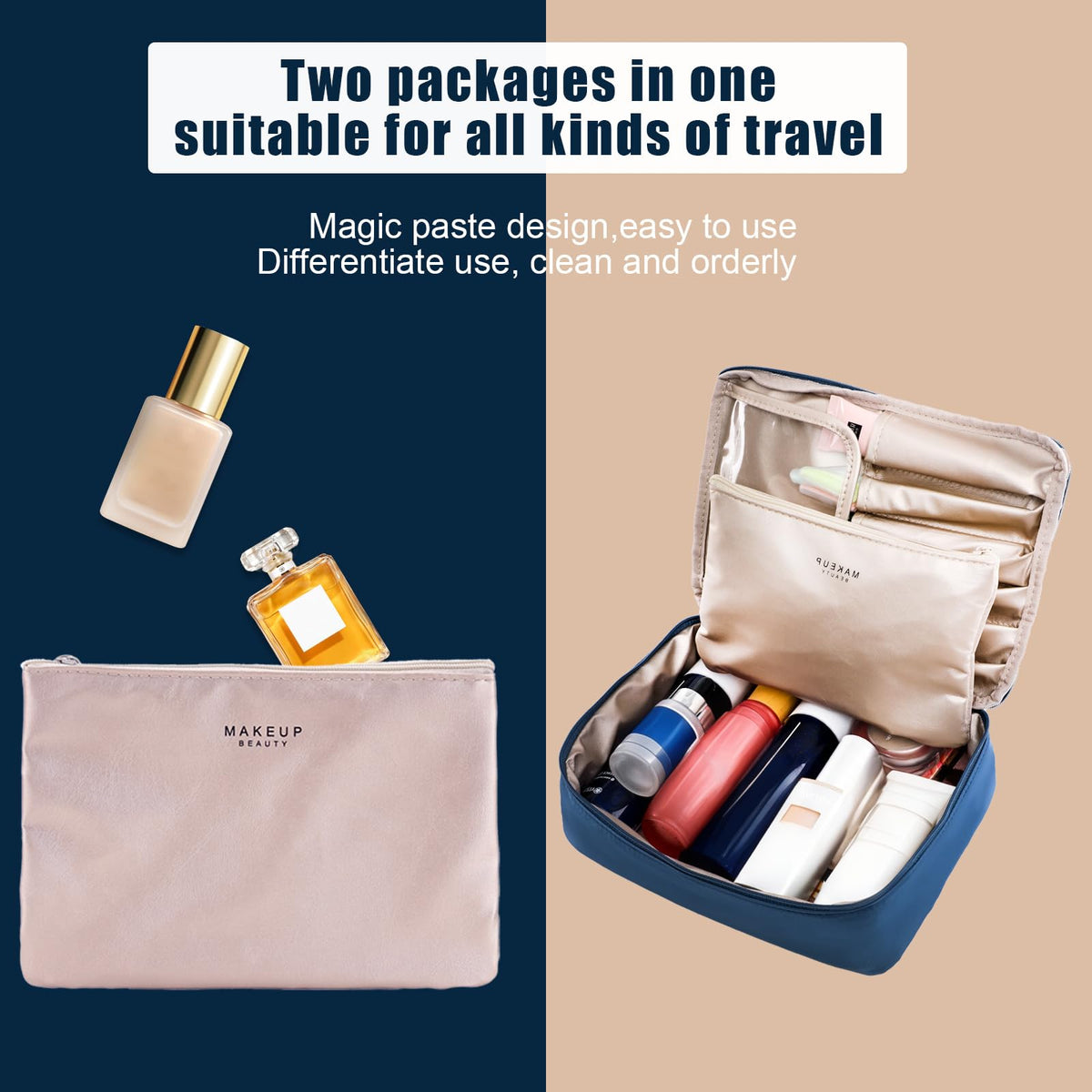 Queboom Travel Makeup Bag navy packed with cosmetics