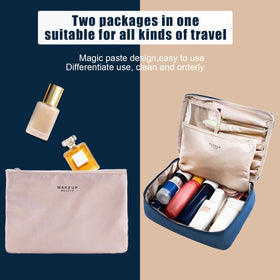 Queboom Travel Makeup Bag navy packed with cosmetics