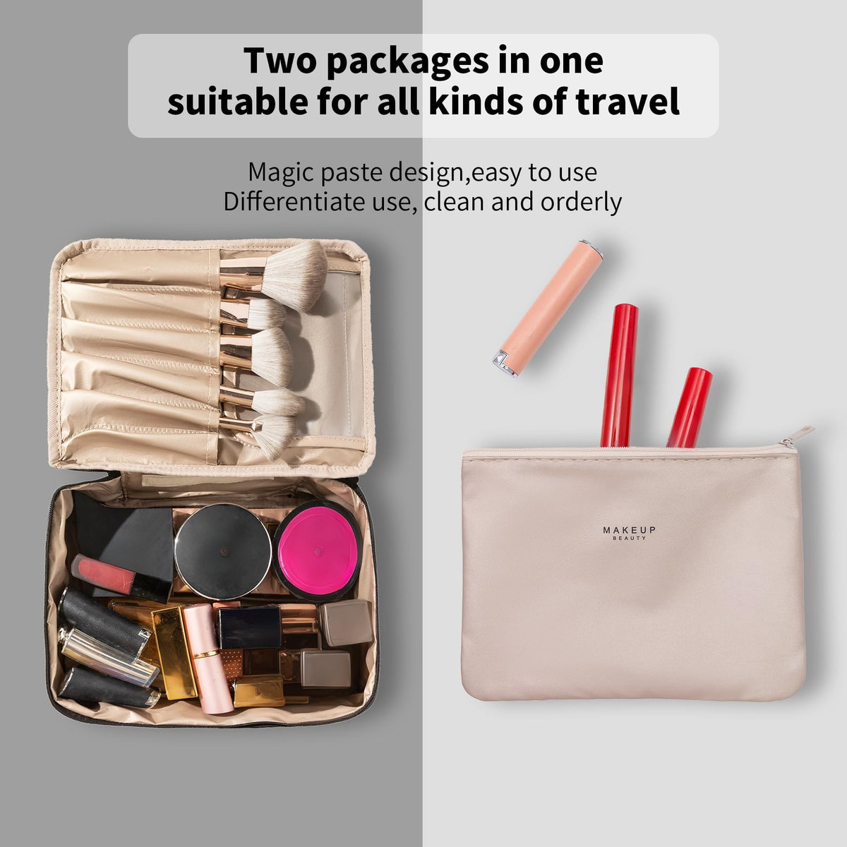 Queboom Travel Makeup Bag side view with zippers
