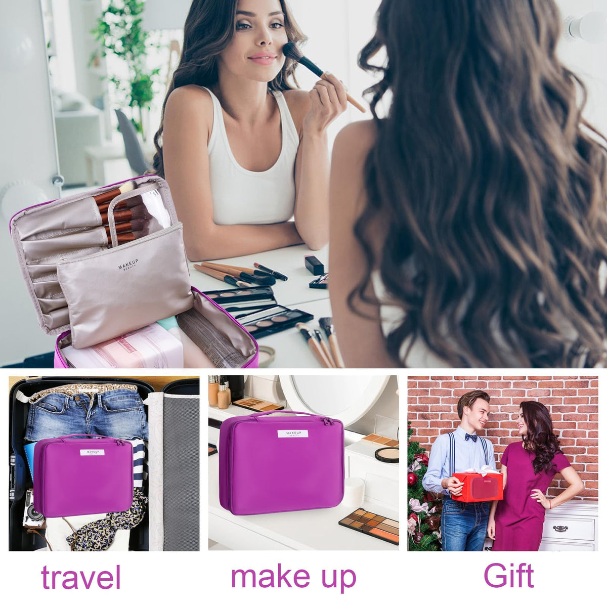 Queboom Travel Makeup Bag violet showing large capacity