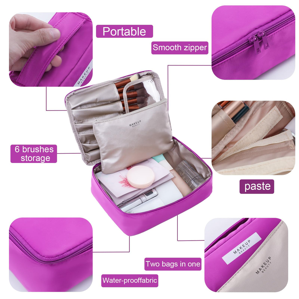 Queboom Travel Makeup Bag violet side view with zippers