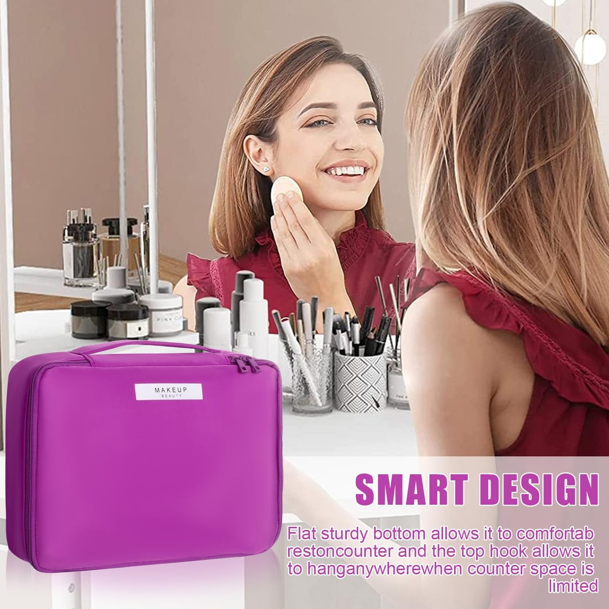 Queboom Travel Makeup Bag violet with beauty products inside
