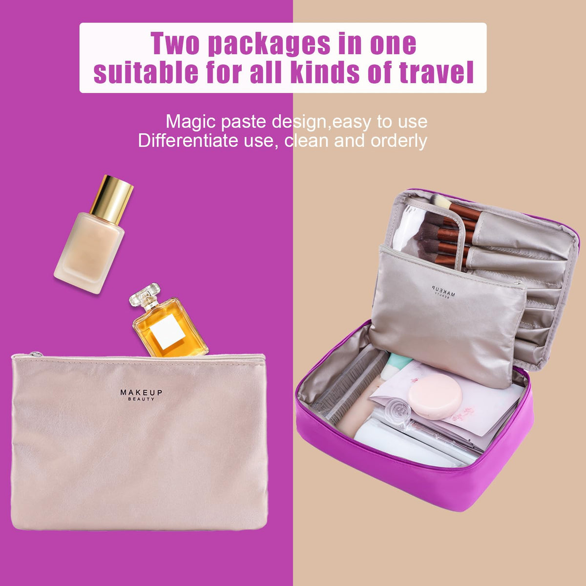 Queboom Travel Makeup Bag violet with small cosmetic bag inside