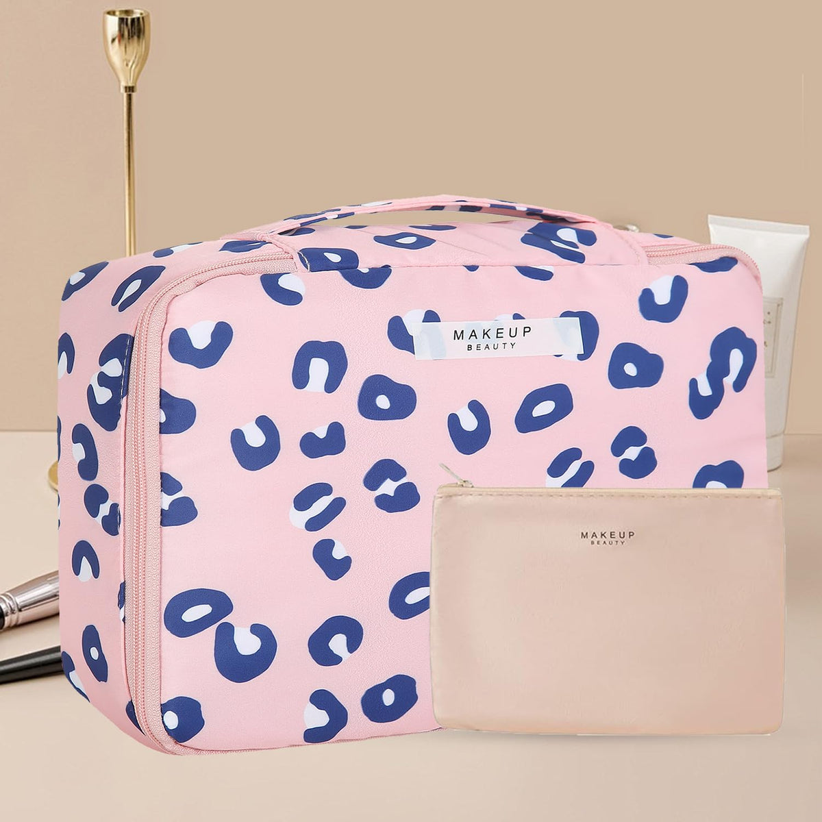 Queboom Travel Makeup Bag with cosmetic items displayed