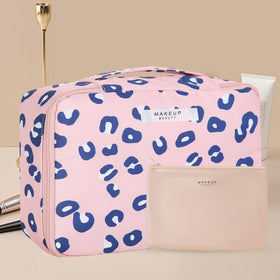 Queboom Travel Makeup Bag with cosmetic items displayed