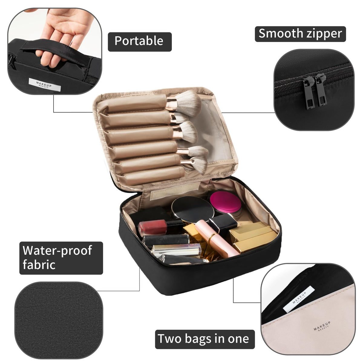 Queboom Travel Makeup Bag with detachable small cosmetic bag