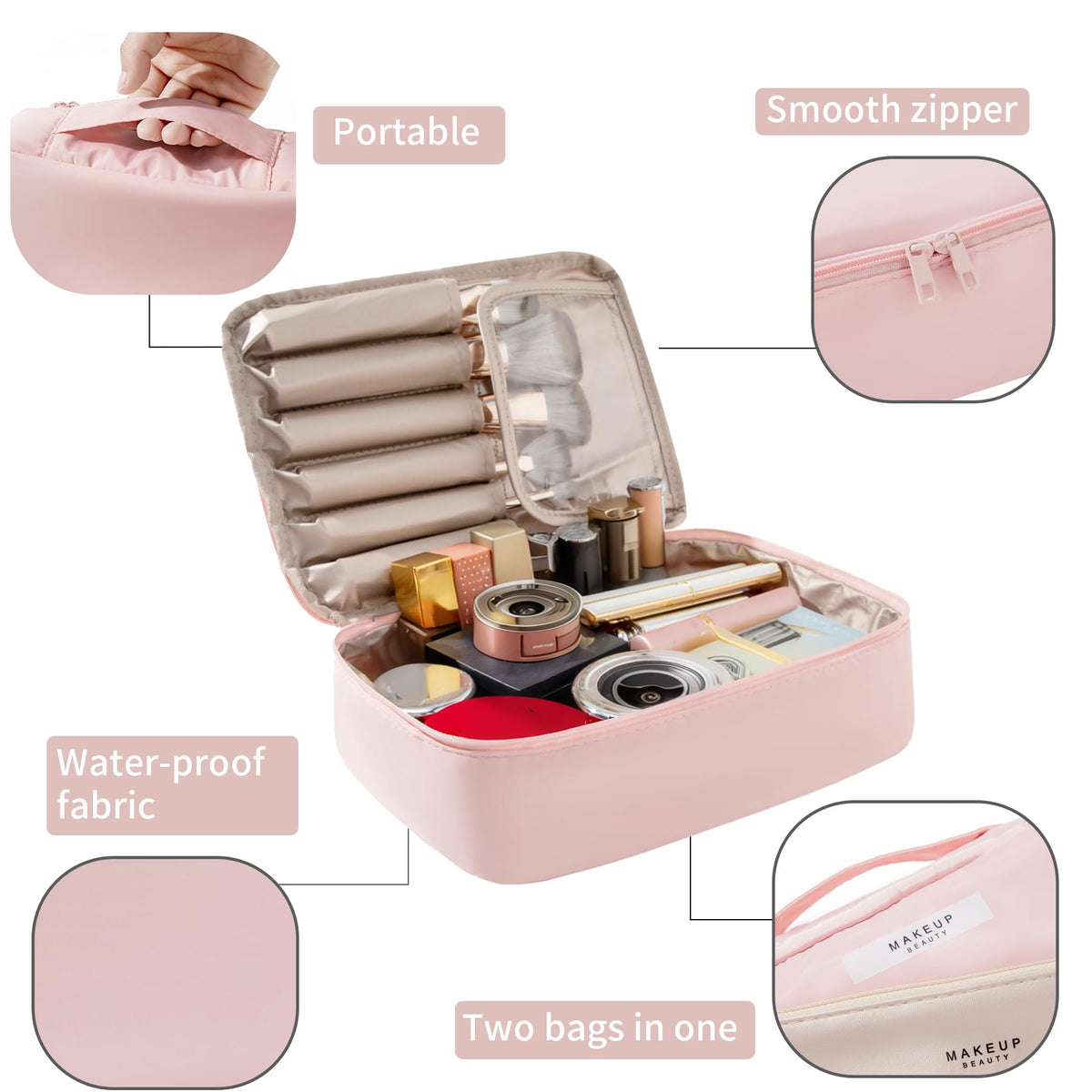 Queboom Travel Makeup Bag with small detachable bag