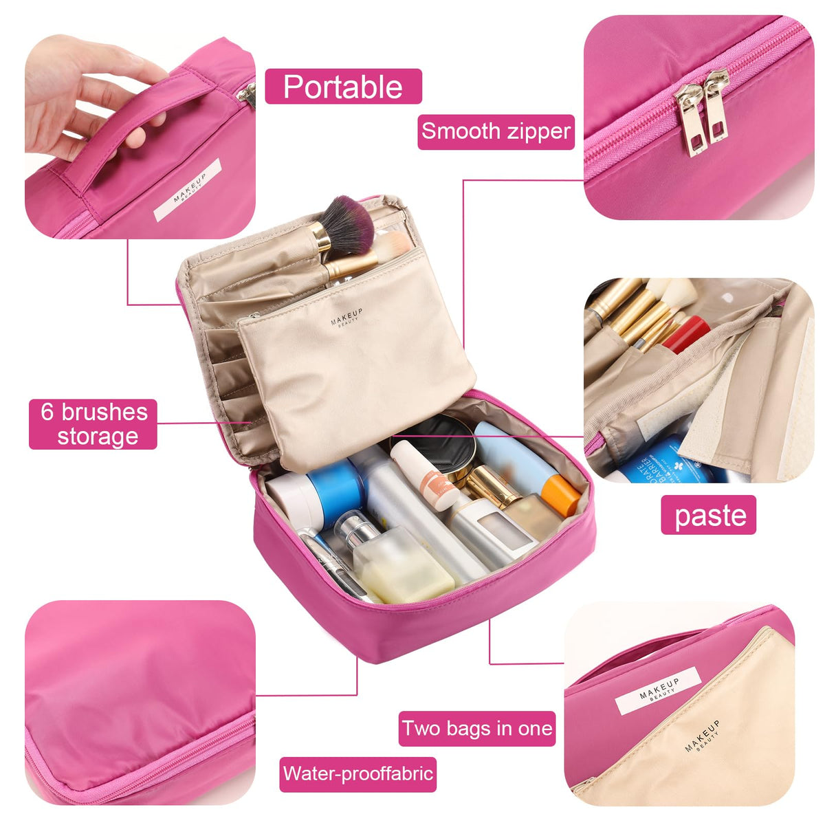 Queboom Travel Makeup Bag with small detachable cosmetic bag