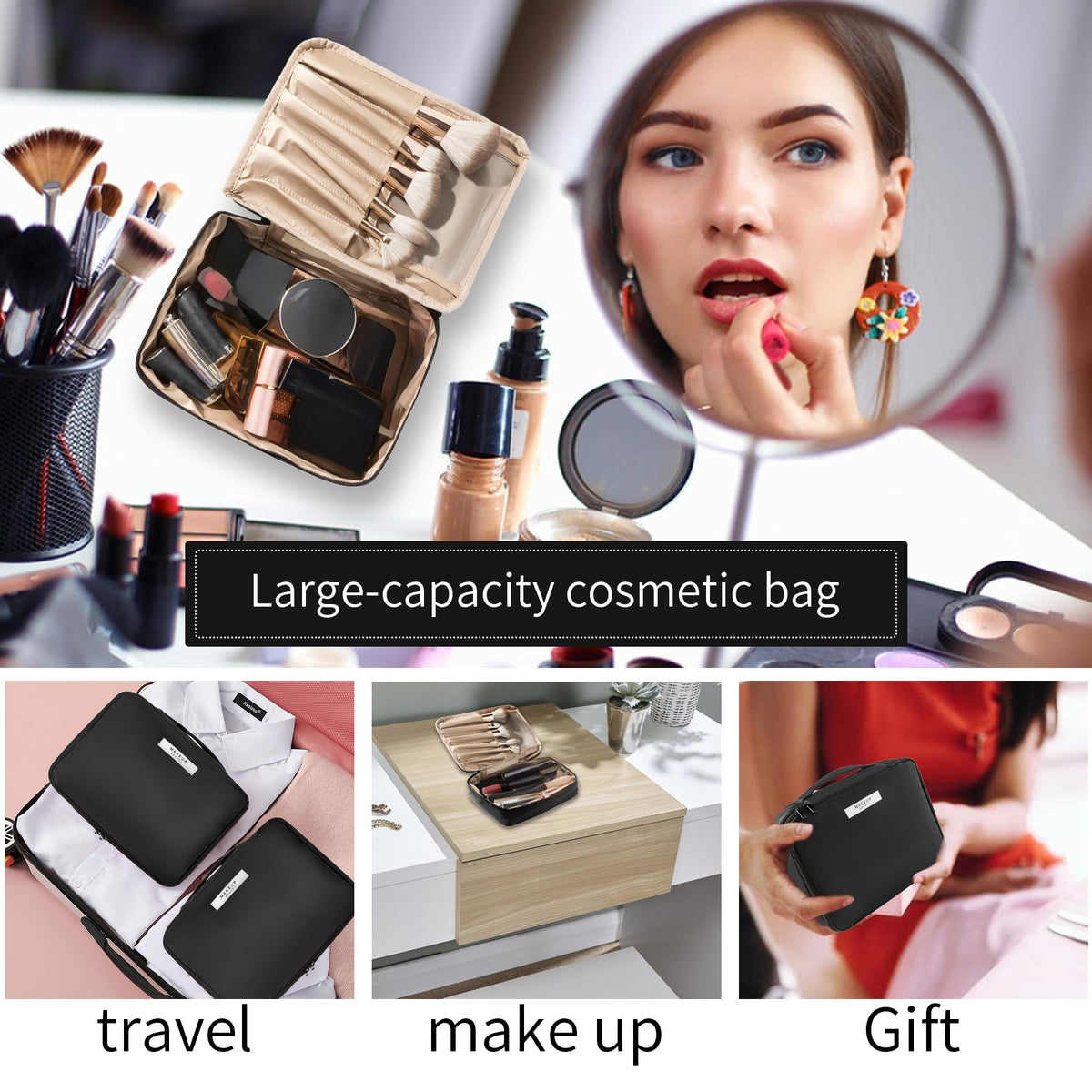 Queboom Travel Makeup Bag with various cosmetics inside