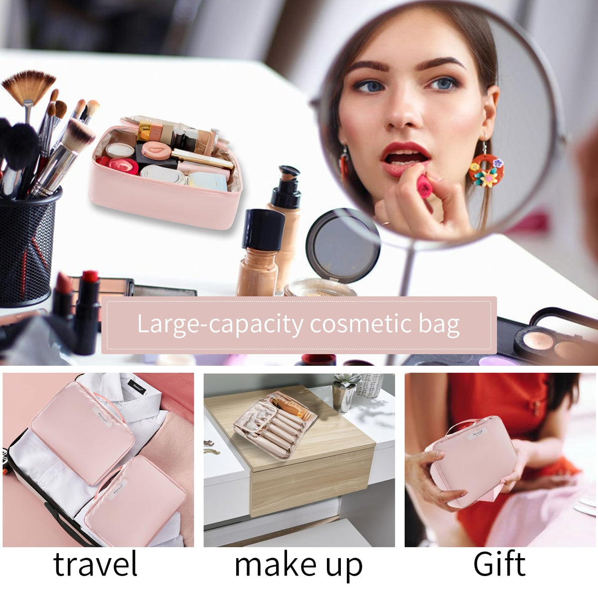 Queboom Travel Makeup Bag with zippers open showcasing storage