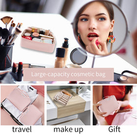 Queboom Travel Makeup Bag with zippers open showcasing storage