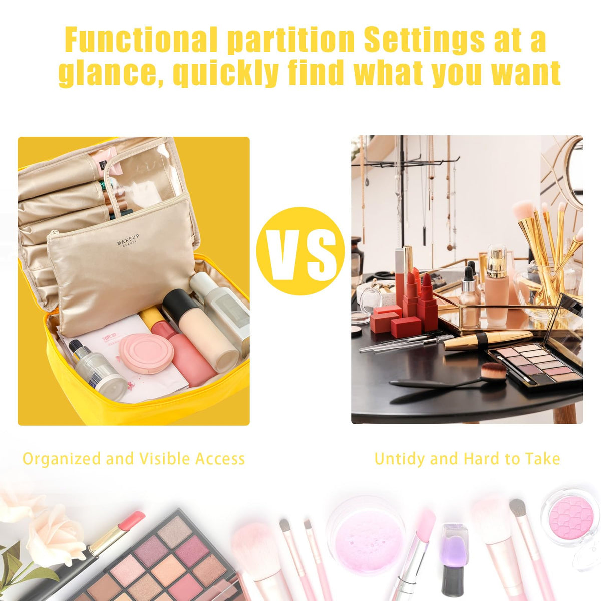 Queboom Travel Makeup Bag yellow in a suitcase