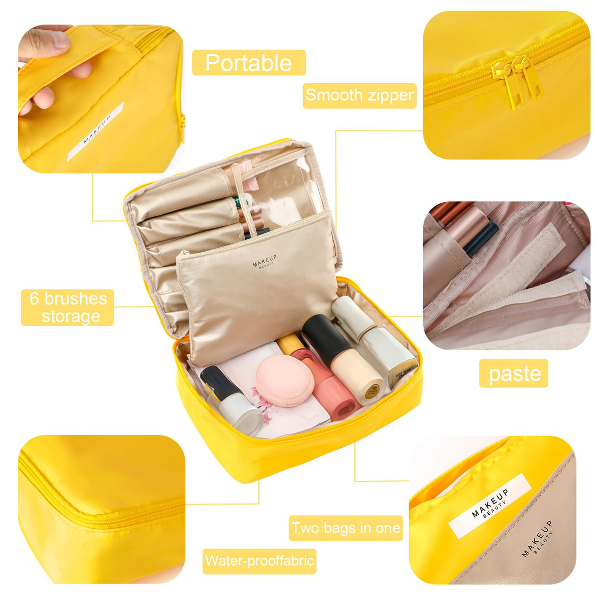 Queboom Travel Makeup Bag yellow side view
