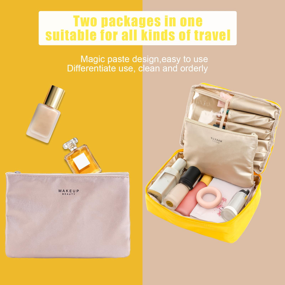 Queboom Travel Makeup Bag yellow with small bag inside