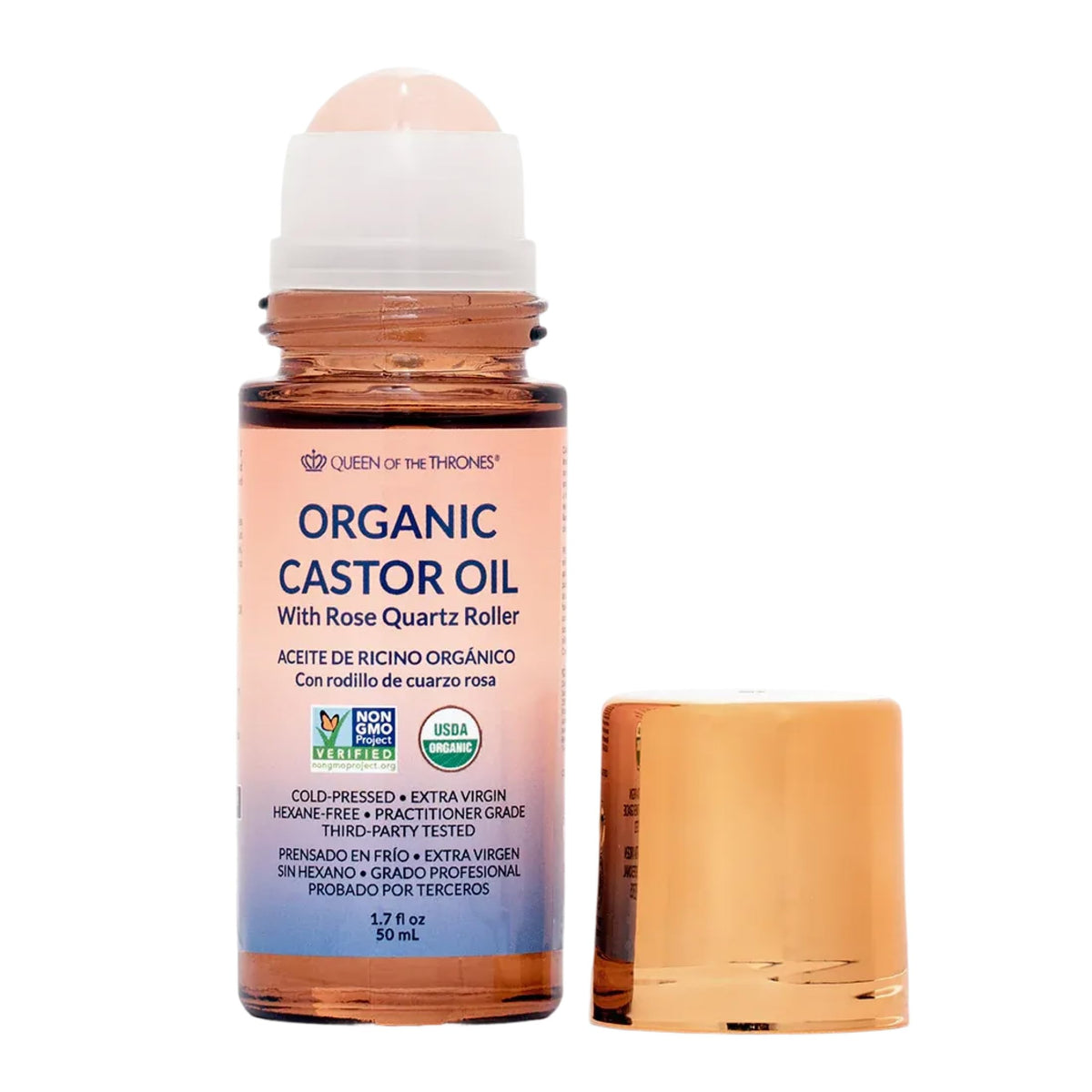 QUEEN OF THE THRONES Organic Golden Castor Oil Roll-On with Rose Quartz front view