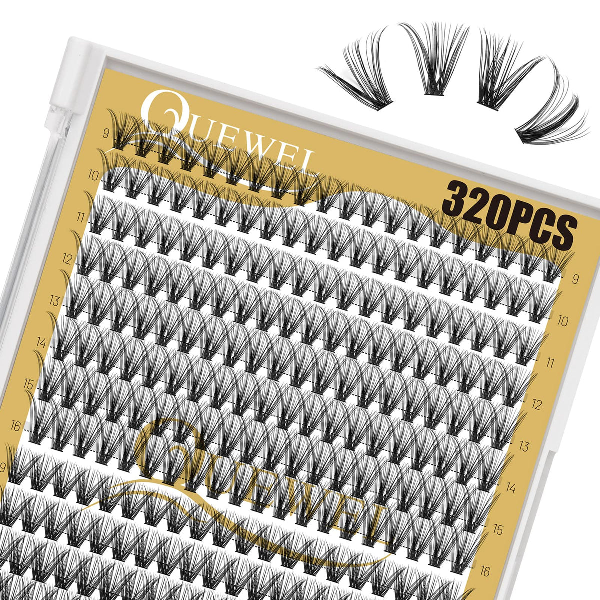 QUEWEL Lash Clusters 320Pcs showing various lash lengths