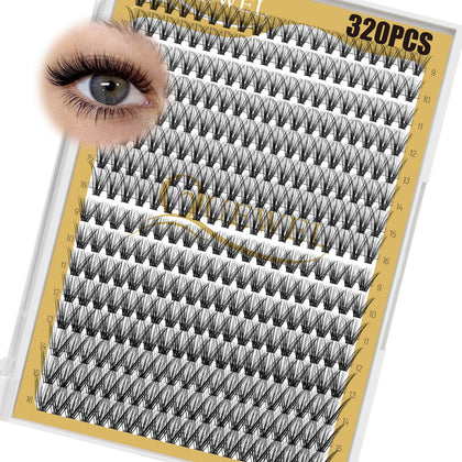 QUEWEL Lash Clusters 320Pcs tray front view with D curl lashes