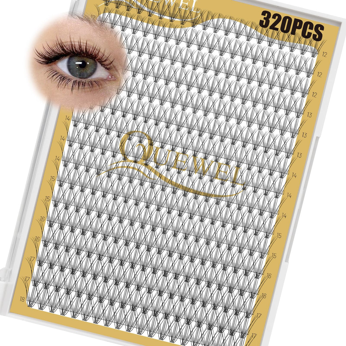 QUEWEL Lash Clusters 320Pcs tray front view with various lengths