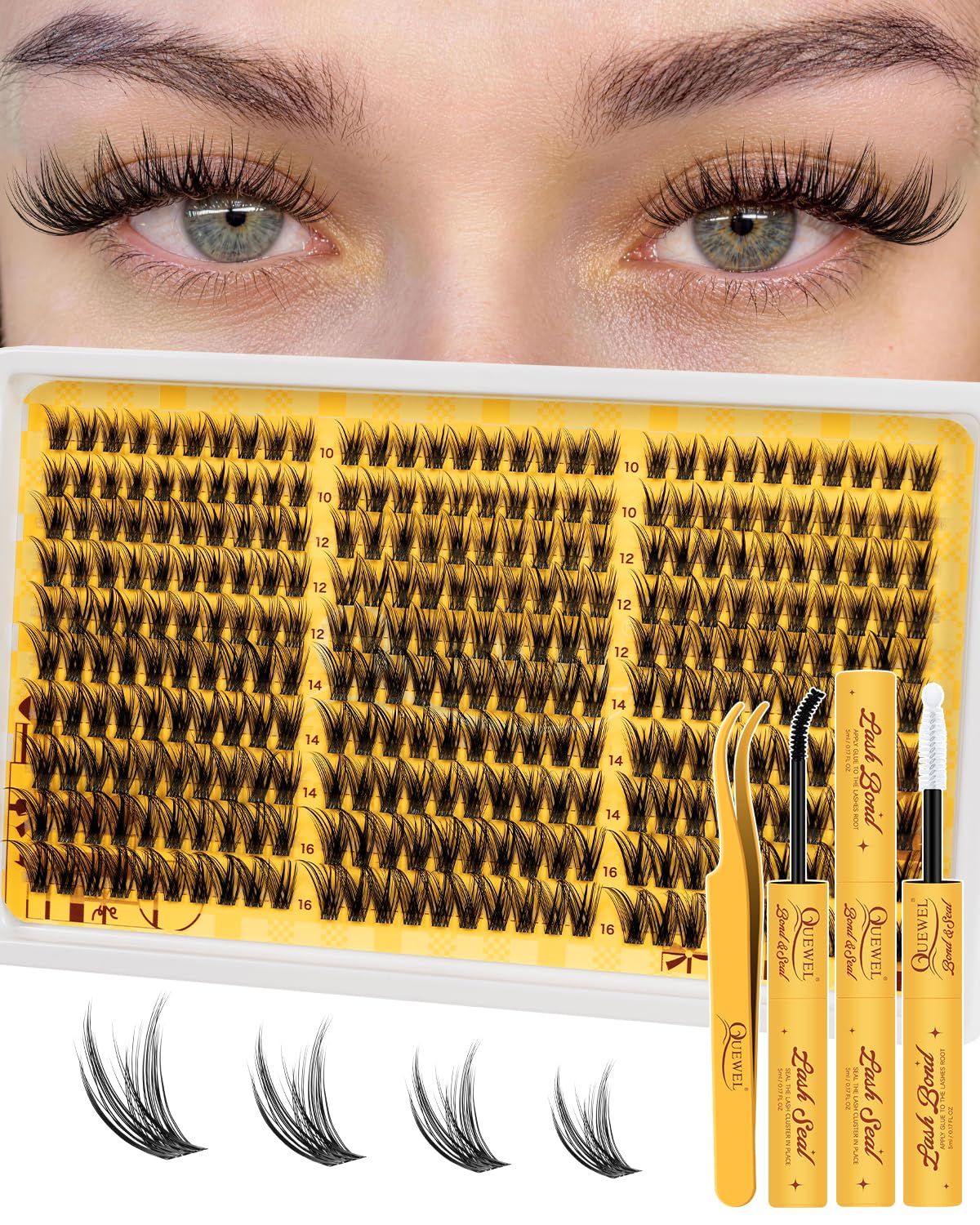 QUEWEL Lash Clusters Kit 300PCS front view with lash glue and tweezers