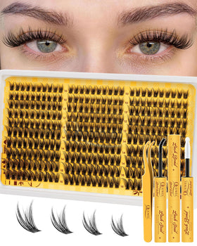 QUEWEL Lash Clusters Kit 300PCS front view with lash glue and tweezers