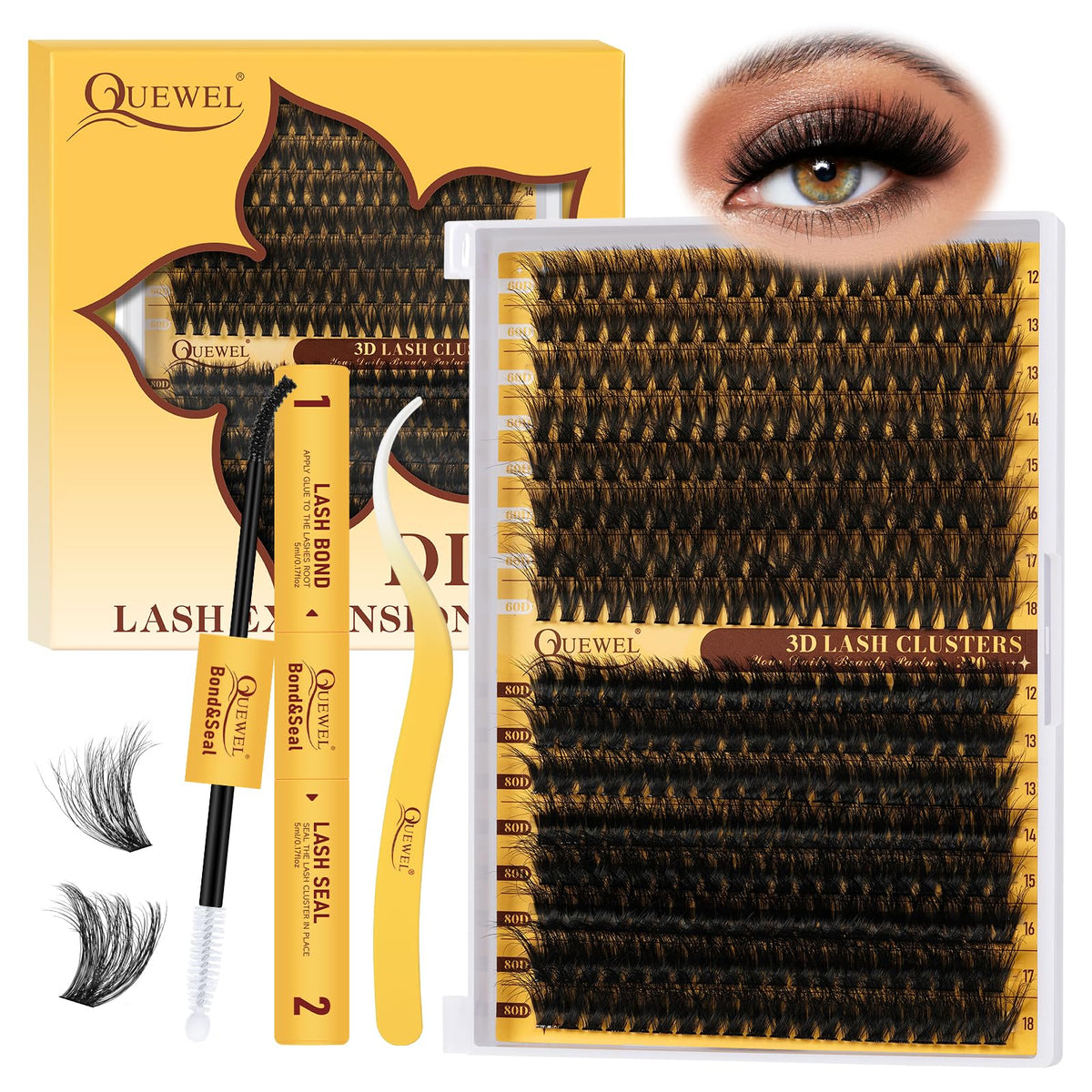 QUEWEL Lash Clusters Kit 320Pcs with lash bond and tweezer