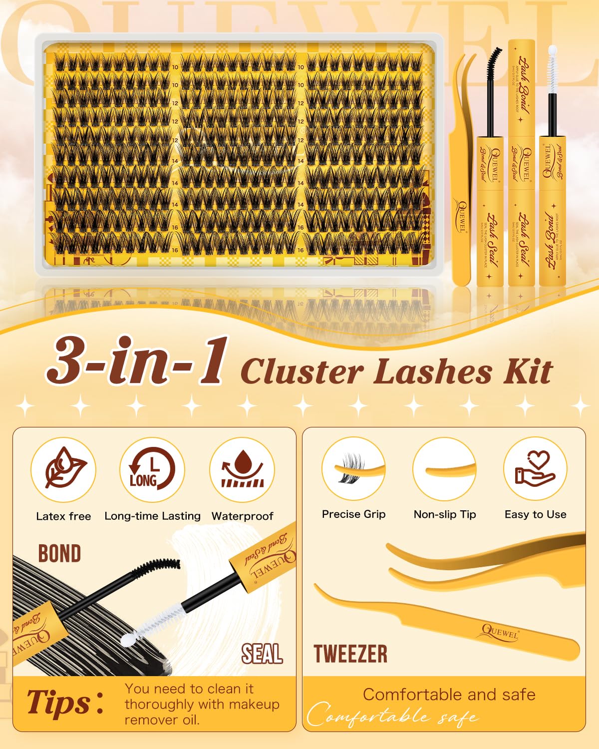 QUEWEL Lash Clusters Kit showing individual lash clusters