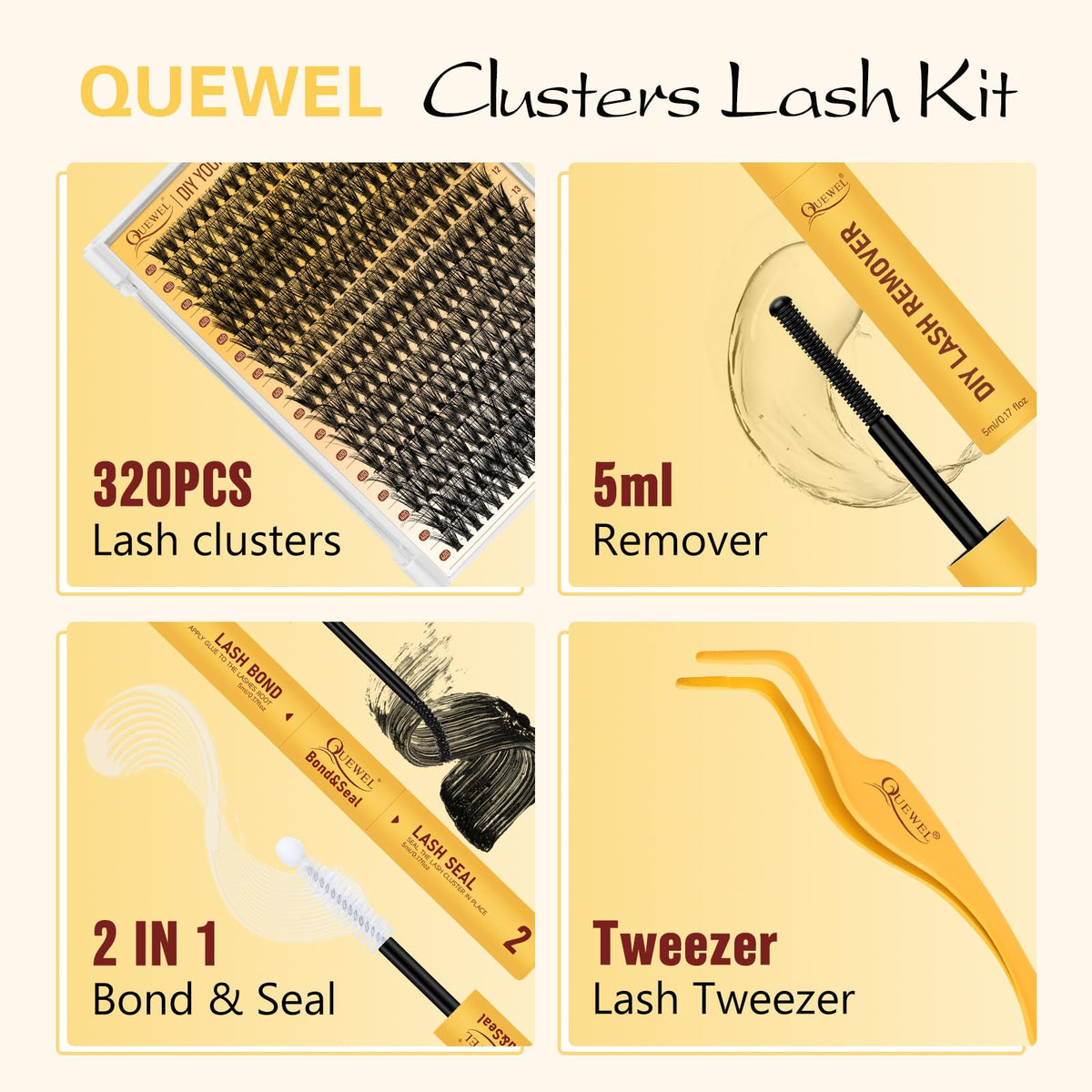 QUEWEL Lash Clusters Kit tools and accessories layout