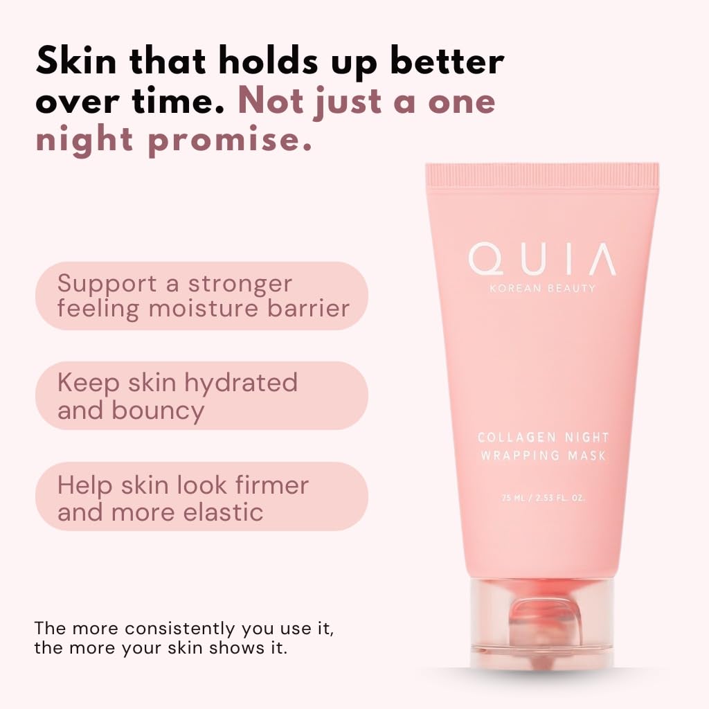 QUIA Beauty Collagen Overnight Wrapping Mask on a bathroom counter