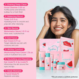 QUIYUM Skincare Set displayed with fresh watermelon slices