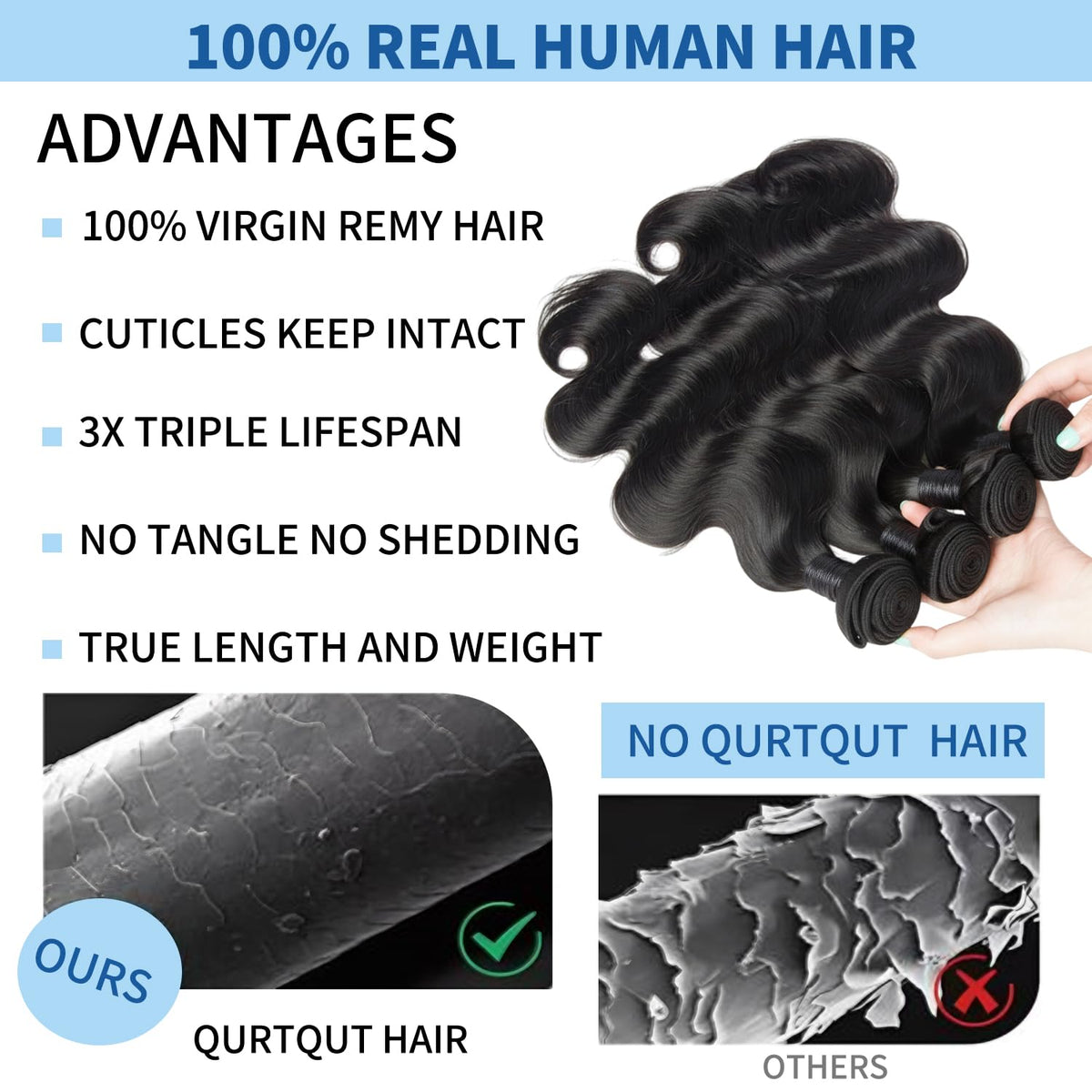 QURTQUT 16A Raw Human Hair Bundles Body Wave in natural light