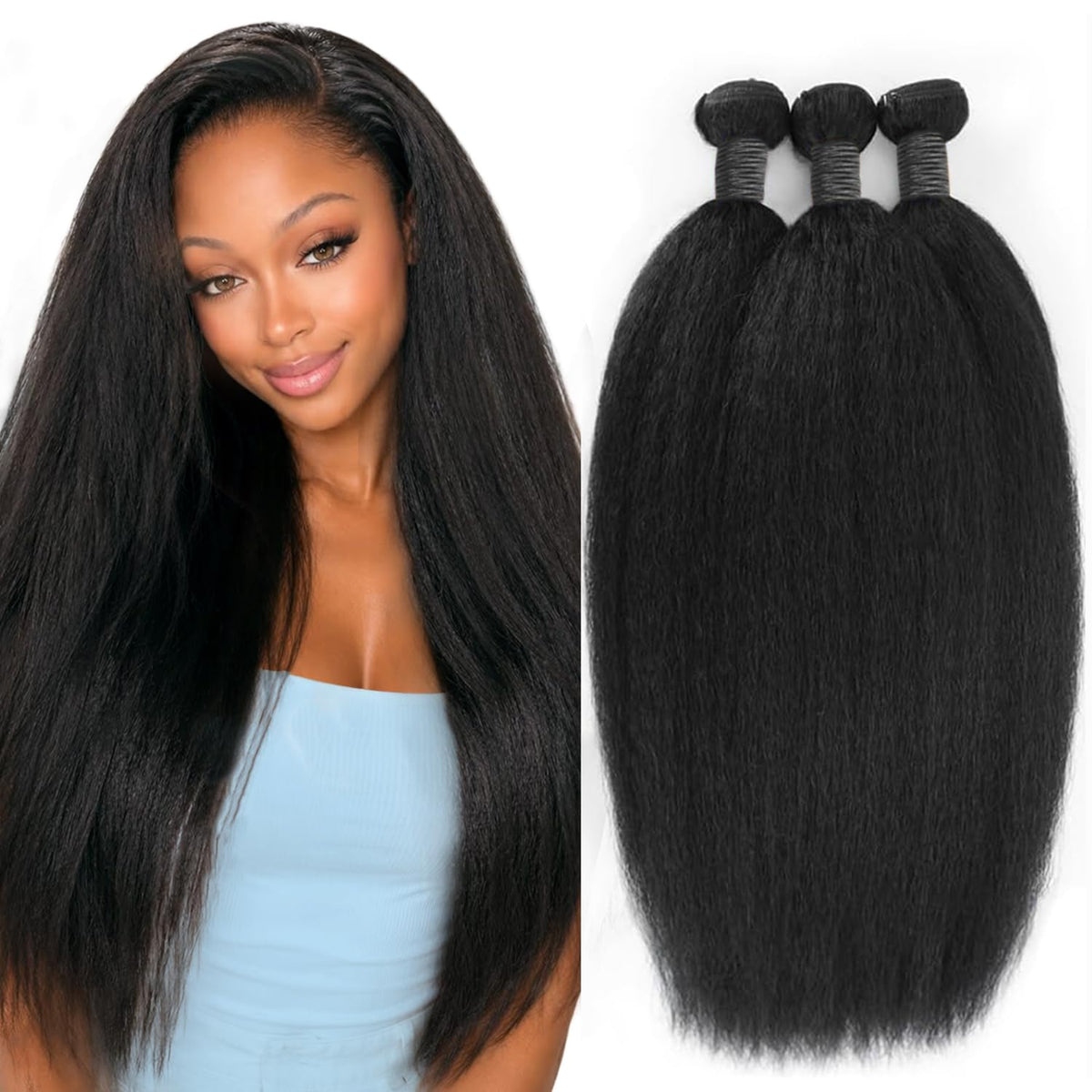QURTQUT Kinky Straight Human Hair Bundles front view