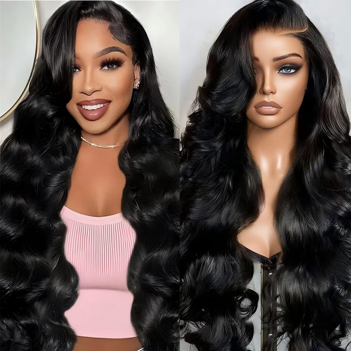 QZOQZO 13x6 Lace Front Wig 24 Inch body wave black wig front view