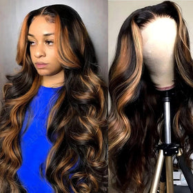 QZOQZO 28 Inch Highlight Ombre Body Wave Lace Front Wig front view