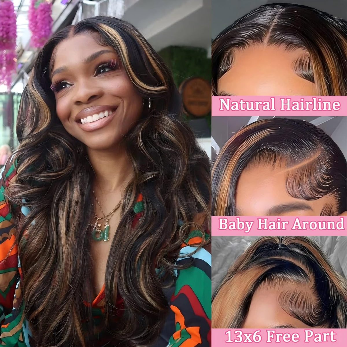 QZOQZO 28 Inch Highlight Ombre Lace Front Wig side view