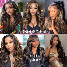 QZOQZO 28 Inch Highlight Ombre Wig styled in a middle part
