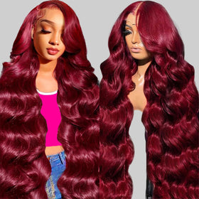 QZOQZO Burgundy Lace Front Wig 30In body wave front view