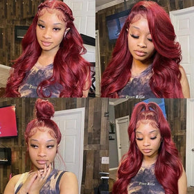 QZOQZO Burgundy Lace Front Wig displayed in packaging