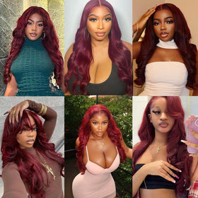 QZOQZO Burgundy Lace Front Wig styled in a ponytail