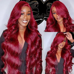 QZOQZO Burgundy Lace Front Wig styled in loose waves