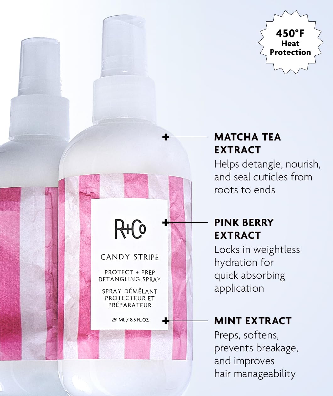 R+Co Candy Stripe Detangling Spray back view with ingredients