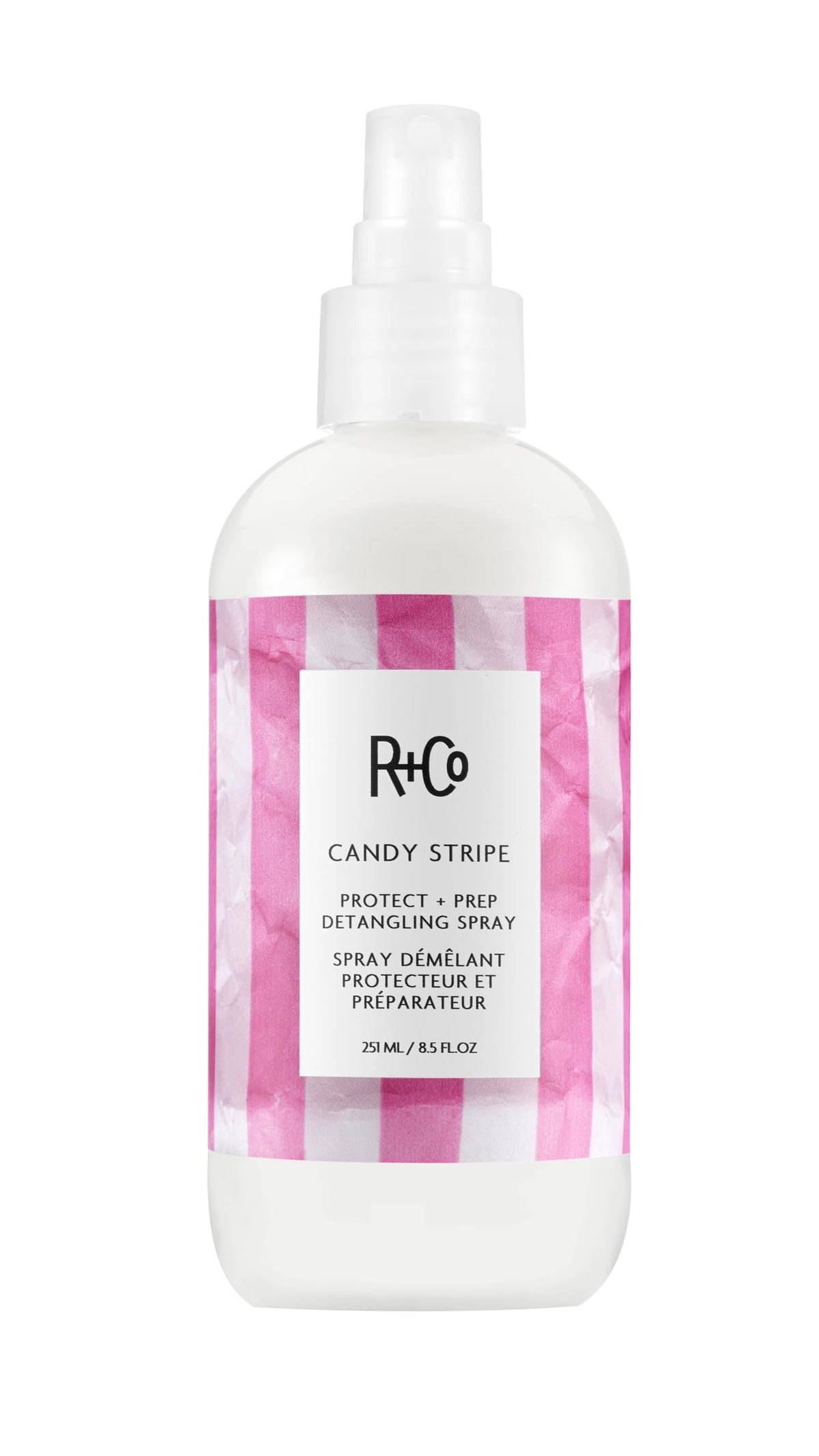 R+Co Candy Stripe Detangling Spray front view 281g