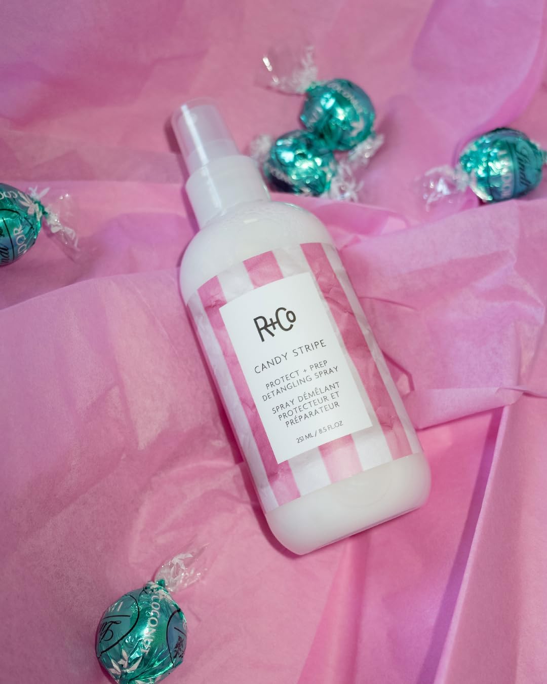 R+Co Candy Stripe Detangling Spray packaging details