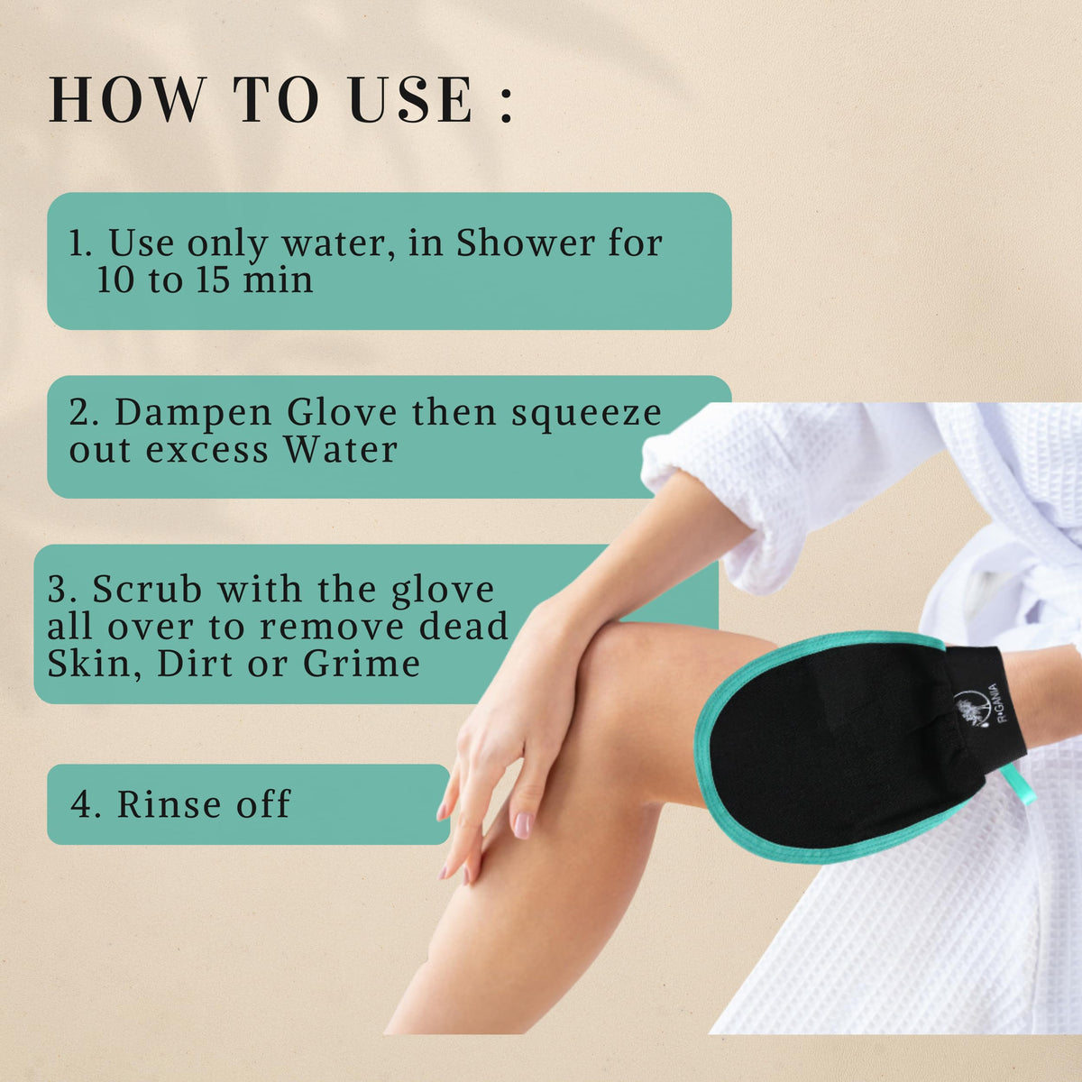 R'GANIA Deep Exfoliating Glove packaging on a bathroom counter