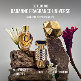 Rabanne Fame Parfum bottle on a nightstand