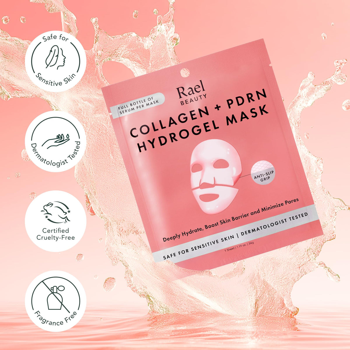 Rael Hydrogel Mask on a skincare shelf